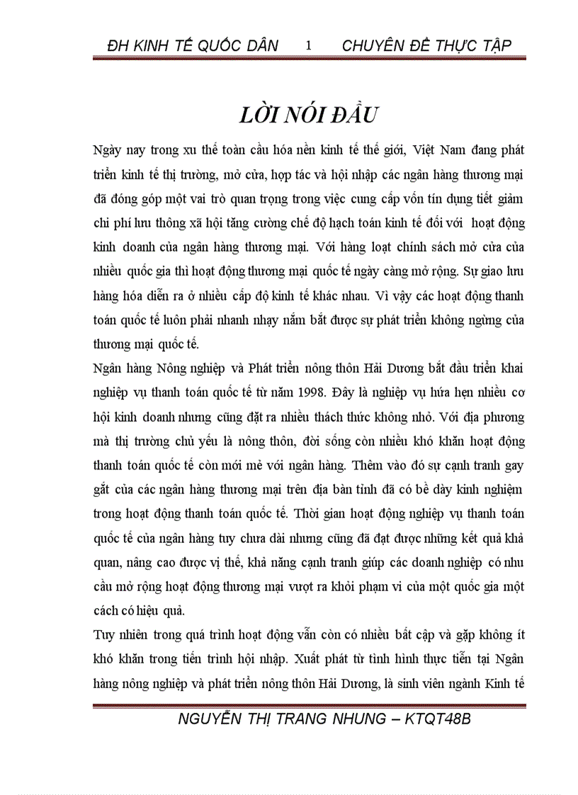 Nâng cao hiệu quả hoạt động thanh toán quốc tế tại phòng Kinh doanh ngoại hối Ngân hàng Nông nghiệp và phát triển nông thôn Hải Dương