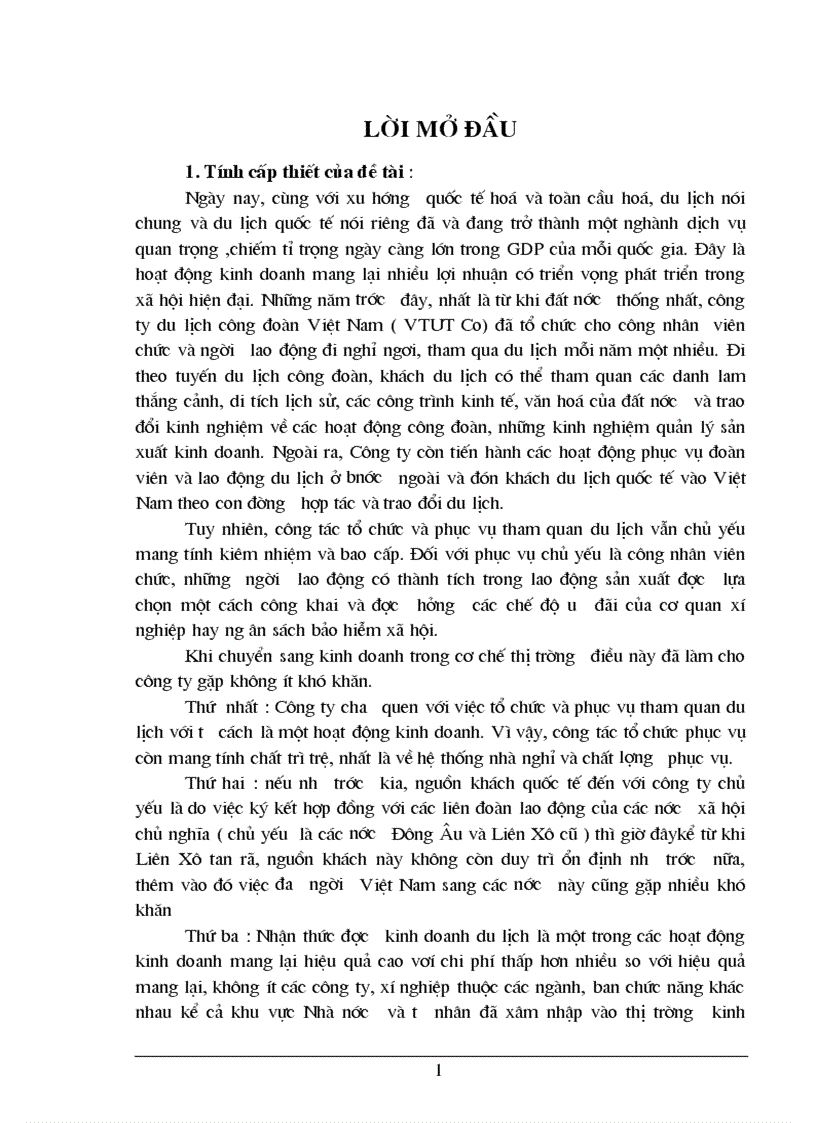 Thực trạng và một số giải pháp chủ yếu nhằm nâng cao hiệu quả kinh doanh du lịch quốc tế tại công ty du lịch và tư vấn đầu tư quốc tế 1