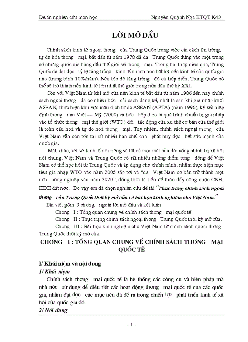 Thực trạng chính sách ngoại thương của Trung Quốc thời kỳ mở cửa và bài học kinh nghiệm cho Việt Nam 1