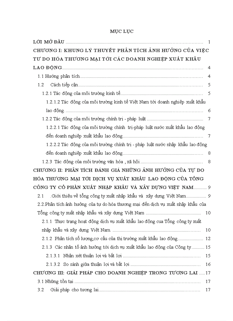 Tác động của tự do hóa thương mại tới dịch vụ xuất khẩu lao động của Tổng công ty xuất nhập khẩu và xây dựng Việt Nam 1