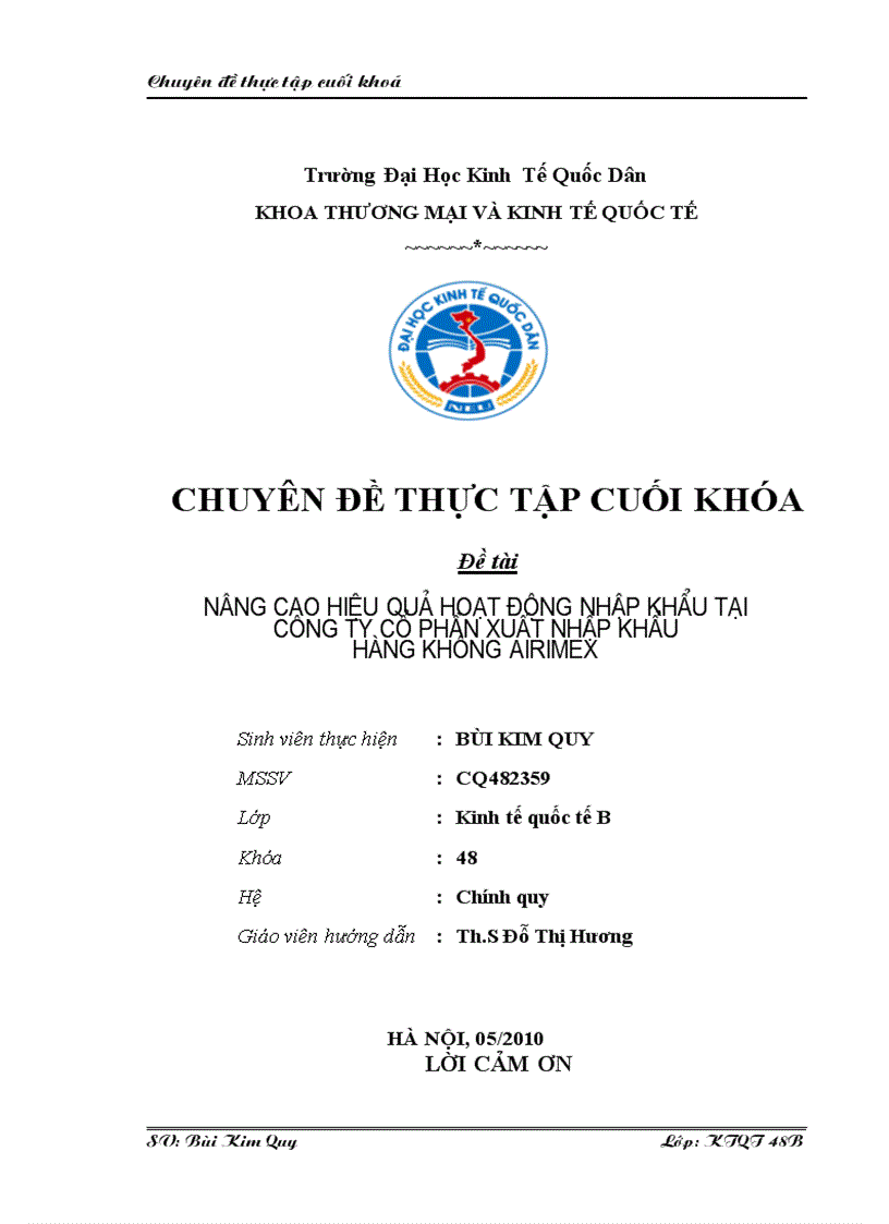 Nâng cao hiệu quả kinh tế hoạt động nhập khẩu tại Công ty cổ phần xuất nhập khẩu Hàng Không AIRIMEX 1