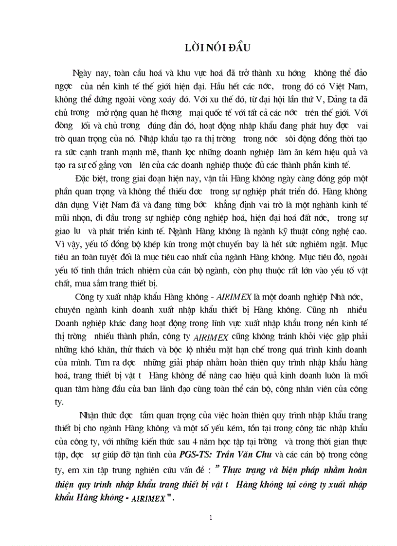 Thực trạng và biện pháp nhằm hoàn thiện quy trình nhập khẩu trang thiết bị vật tư Hàng không tại công ty xuất nhập khẩu Hàng không Airimex 1