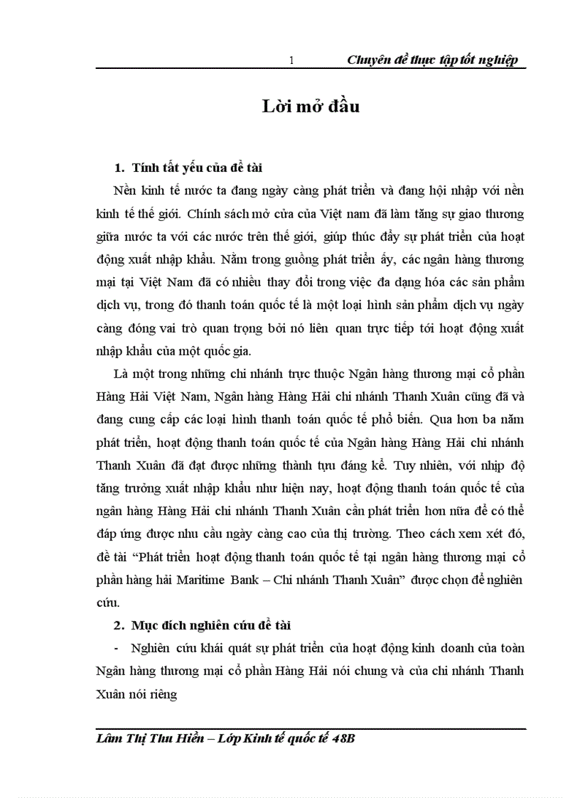 Phát triển hoạt động thanh toán quốc tế tại ngân hàng thương mại cổ phần hàng hải Maritime Bank Chi nhánh Thanh Xuân