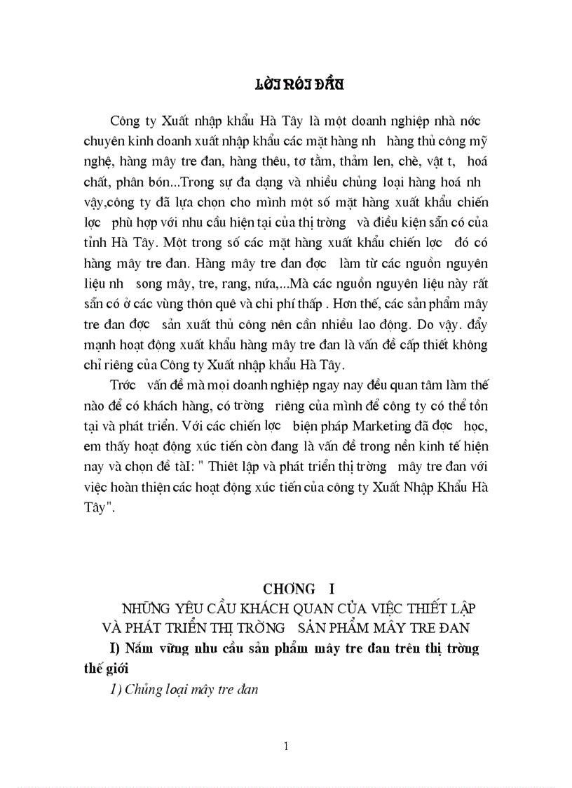 Thiêt lập và phát triển thị trường mây tre đan với việc hoàn thiện các hoạt động xúc tiến của công ty Xuất Nhập Khẩu Hà Tây