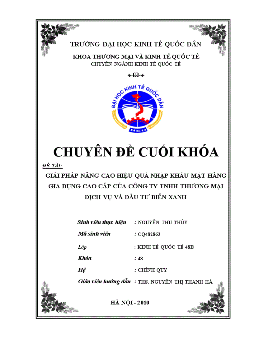 Giải pháp nâng cao hiệu quả nhập khẩu mặt hàng gia dụng cao cấp của công ty TNHH thương mại dịch vụ và đầu tư Biển Xanh