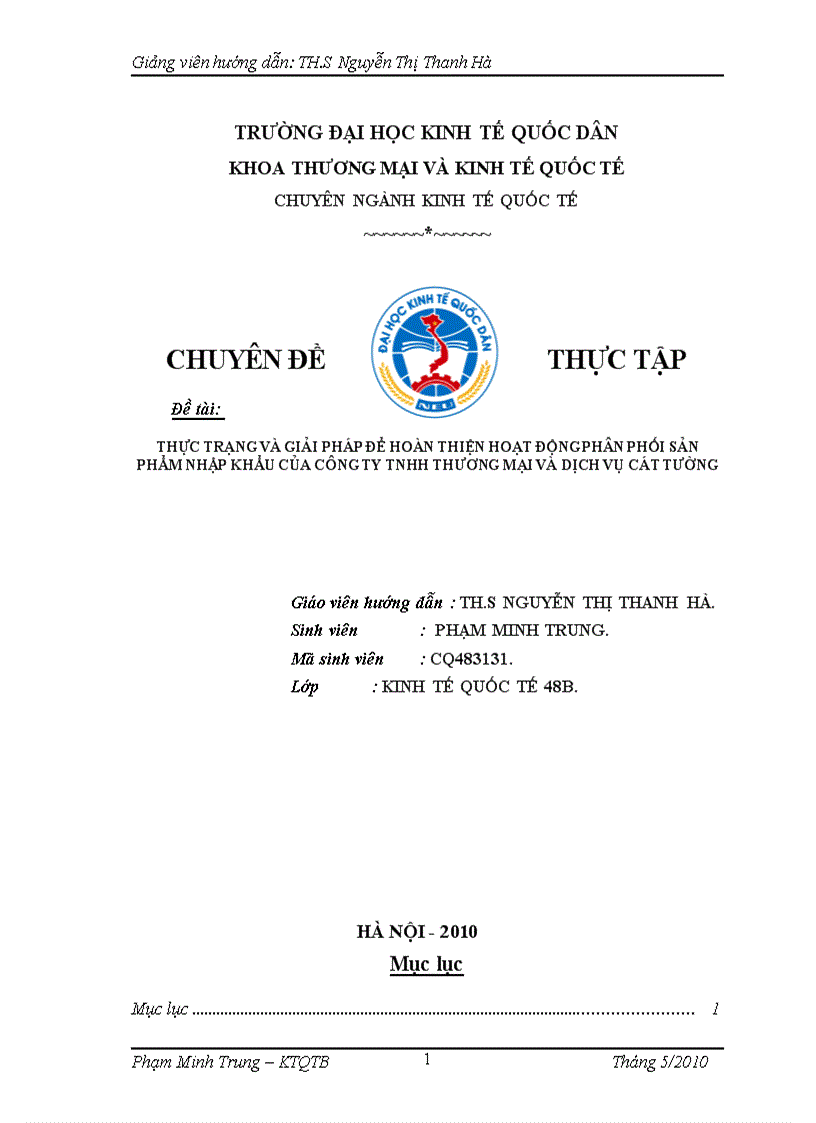 Thực trạng và giải pháp để hoàn thiện hoạt động phân phối sản phẩm nhập khẩu của công ty TNHH Thương Mại và Dịch Vụ Cát Tường gọi tắt là Cát Tường