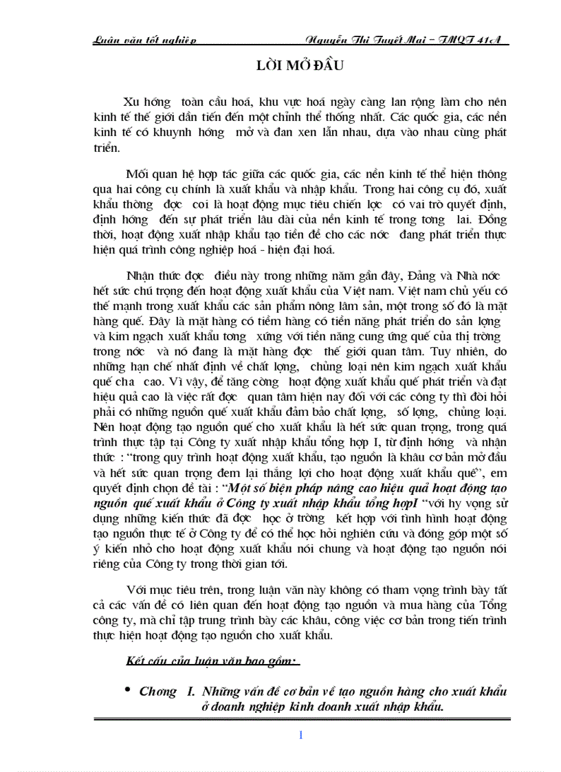 Một số biện pháp nâng cao hiệu quả hoạt động tạo nguồn quế xuất khẩu ở Công ty xuất nhập khẩu tổng hợpI 1