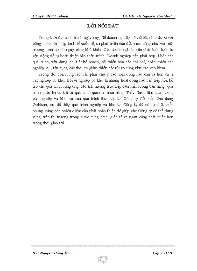 Giải pháp nhằm hoàn thiện quá trình nghiệp vụ kho tại công ty cổ phần gia dụng GOLDSUN 1