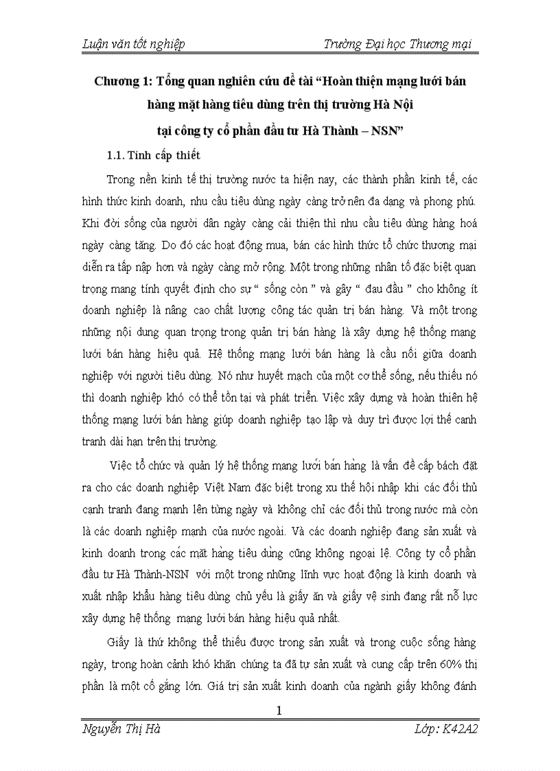 Hoàn thiện công tác tổ chức mạng lưới bán hàng mặt hàng tiêu dùng trên thị trường Hà Nội tại công ty cổ phần đầu tư Hà Thành NSN