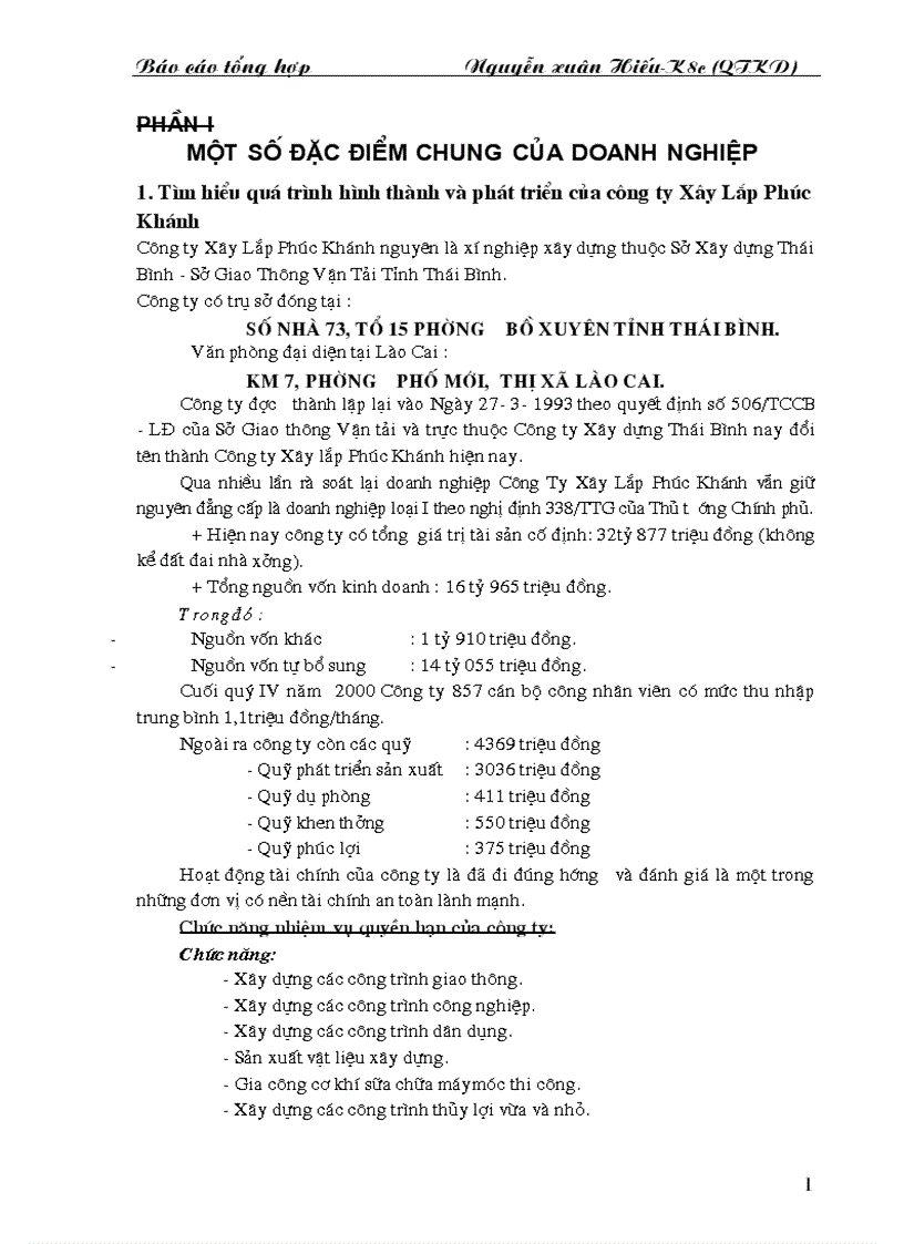 Báo cáo tổng hợp tại Công ty Xây Lắp Phúc Khánh nguyên