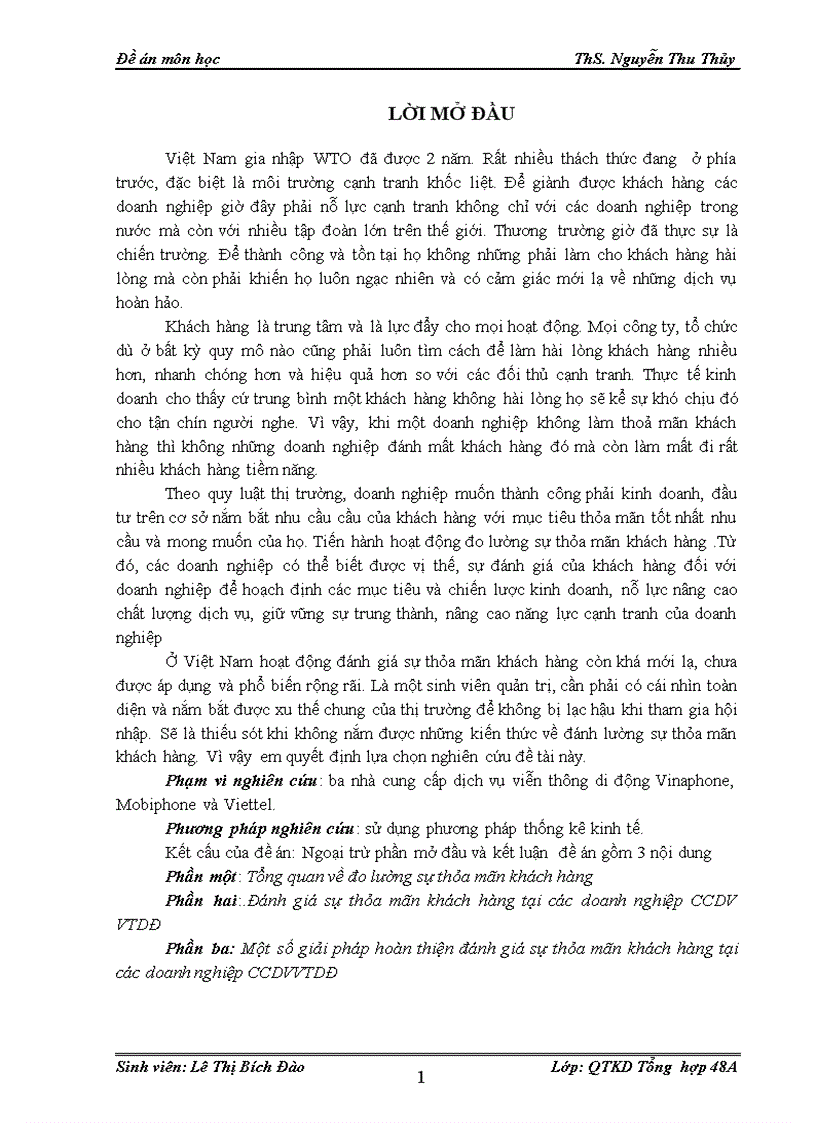 Một số giải pháp hoàn thiện đánh giá sự thỏa mãn khách hàng tại các doanh nghiệp CCDVVTDĐ
