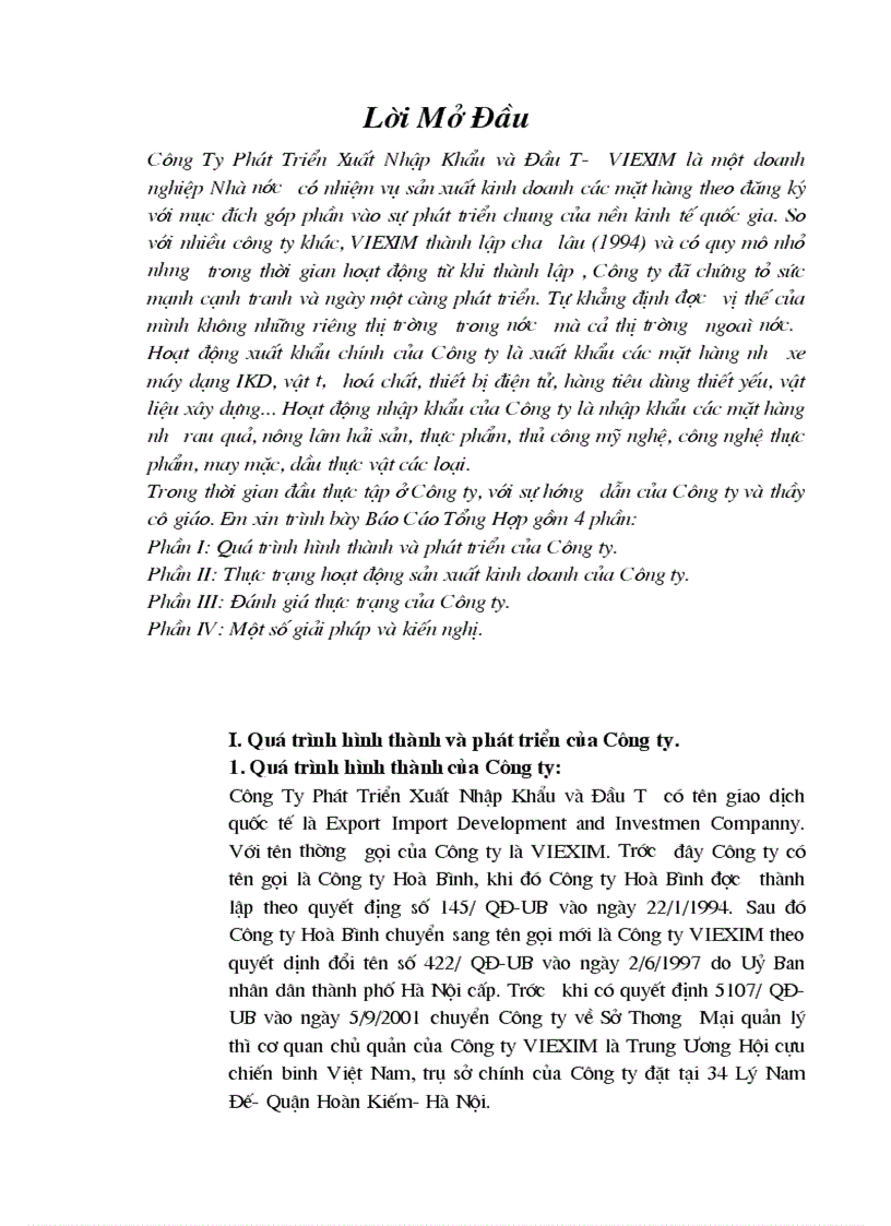 Thực trạng hoạt động sản xuất kinh doanh của Công ty Phát Triển Xuất Nhập Khẩu và Đầu Tư VIEXIM