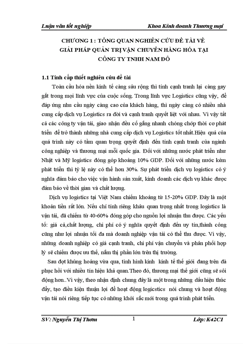 Giải pháp quản trị vận chuyển hàng hóa tại công ty tnhh NAM ĐÔ 1