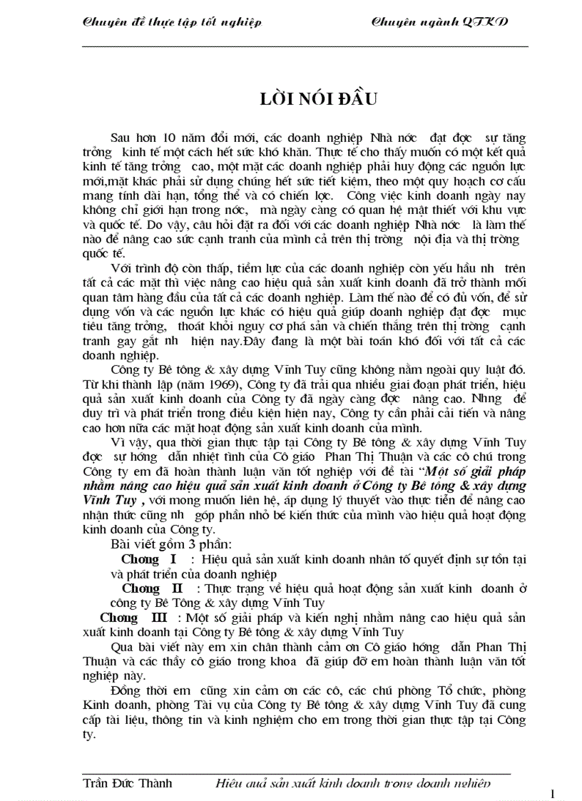 Một số giải pháp nhằm nâng cao hiệu quả sản xuất kinh doanh ở Công ty Bê tông xây dựng Vĩnh Tuy