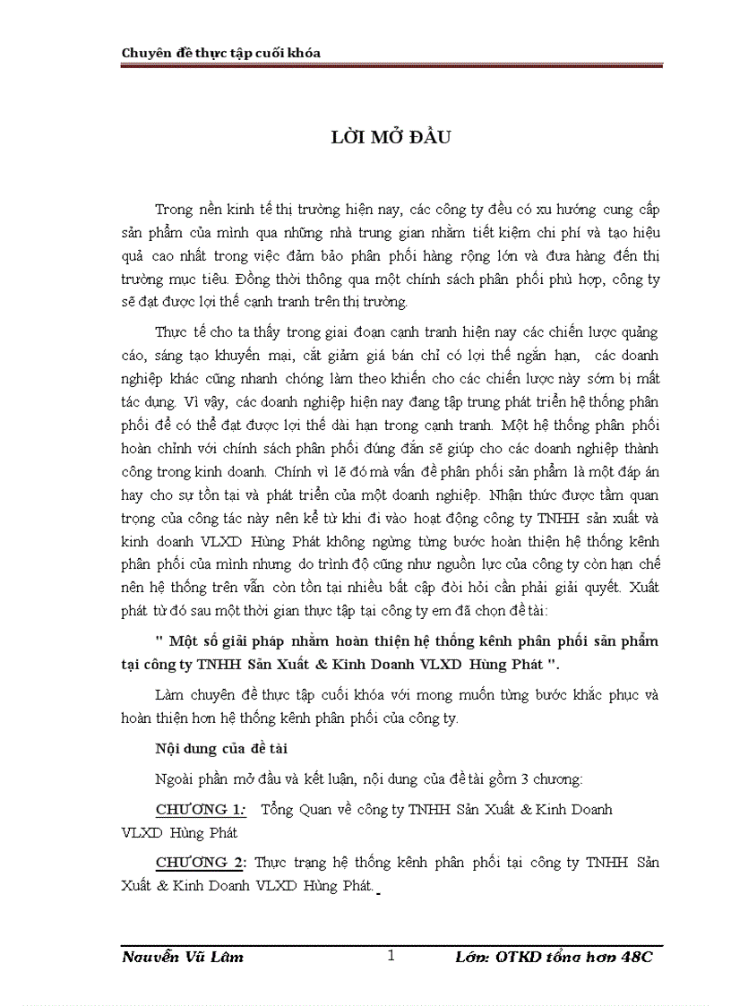 Một số giải pháp nhằm hoàn thiện hệ thống kênh phân phối sản phẩm tại công ty TNHH Sản Xuất Kinh Doanh VLXD Hùng Phát 1