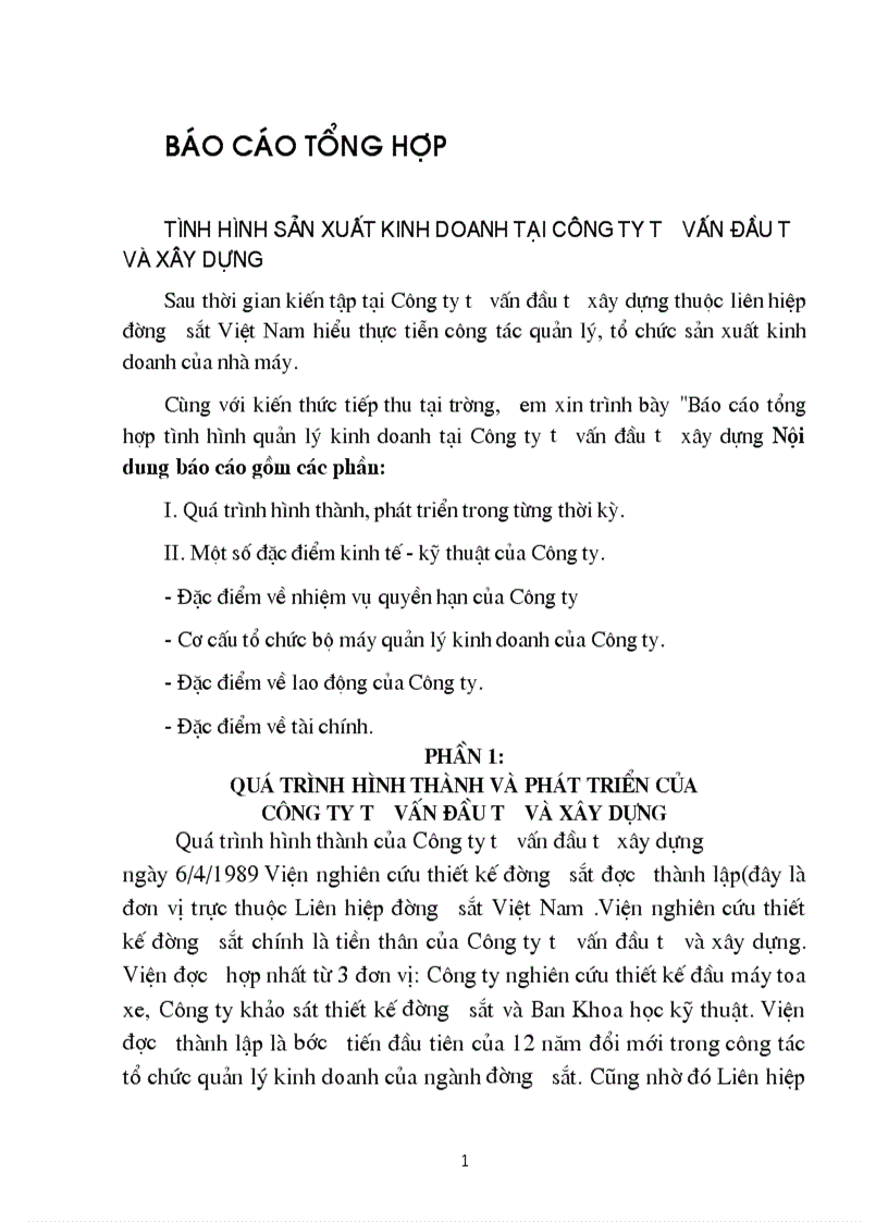 Báo cáo tổng hợp tình hình quản lý kinh doanh tại Công ty tư vấn đầu tư xây dựng 1