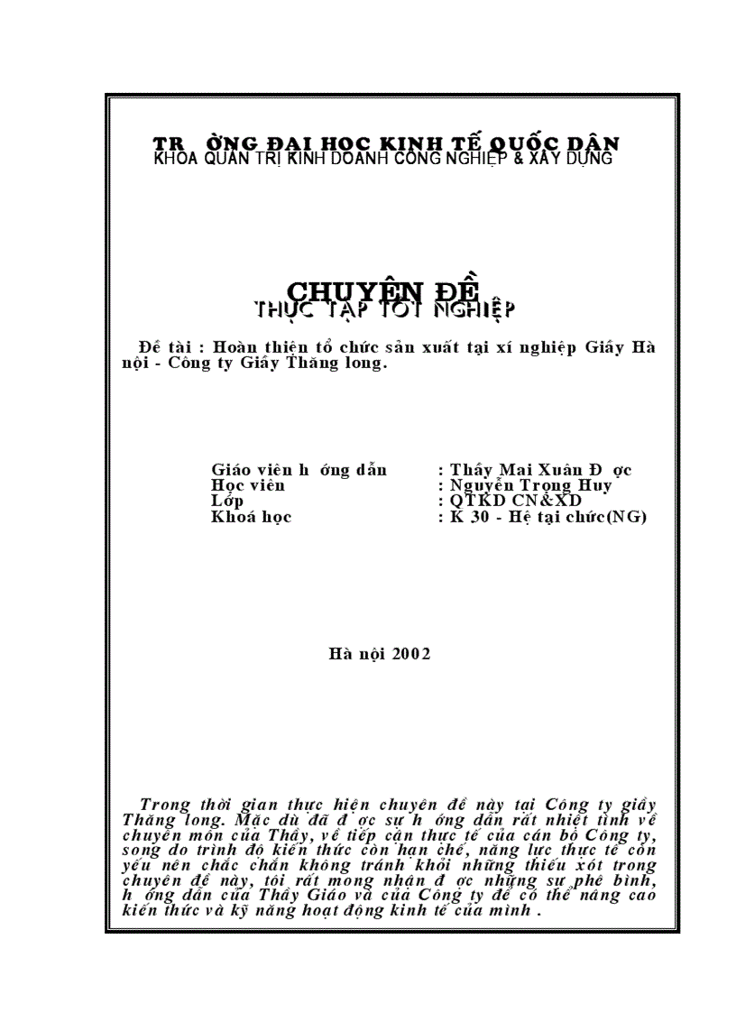 Hoàn thiện tổ chức sản xuất tại xí nghiệp Giầy Hà nội Công ty Giầy Thăng long