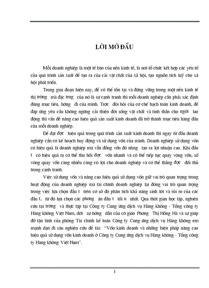 Vốn kinh doanh và những biện pháp nâng cao hiệu quả sử dụng vốn kinh doanh ở Công ty Cung ứng dịch vụ Hàng không Tổng công ty Hàng không Việt Nam