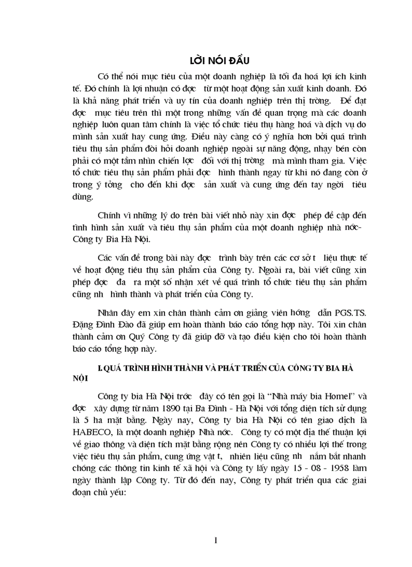 Tình hình sản xuất và tiêu thụ sản phẩm của một doanh nghiệp nhà nước Công ty Bia Hà Nội