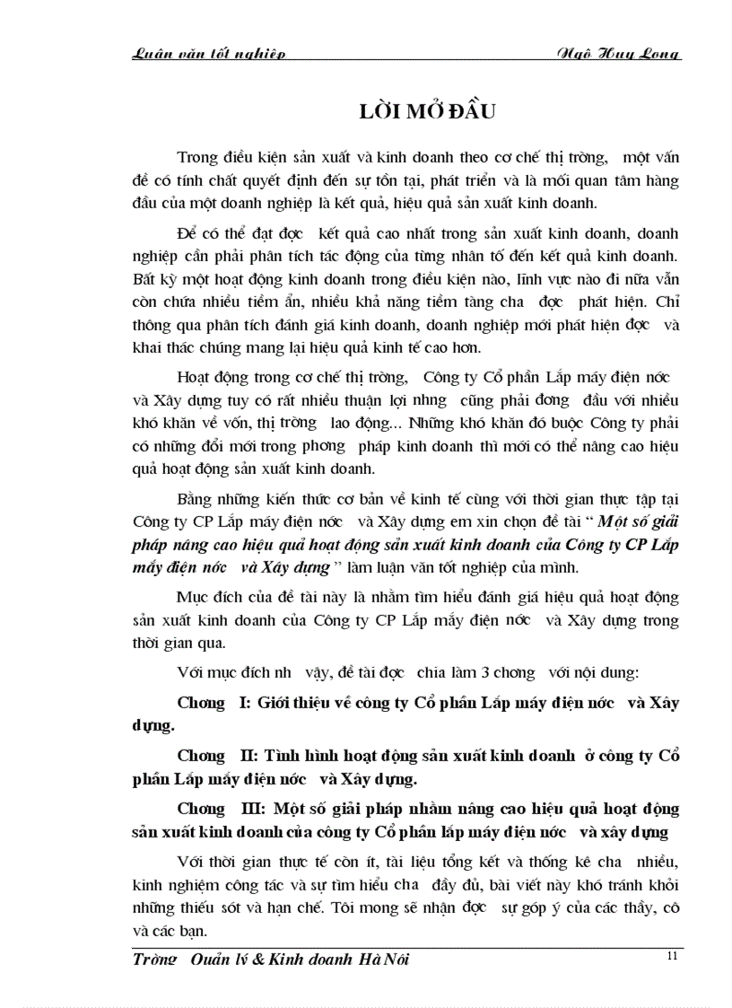 Một số giải pháp nâng cao hiệu quả hoạt động sản xuất kinh doanh của Công ty CP Lắp mắy điện nước và Xây dựng
