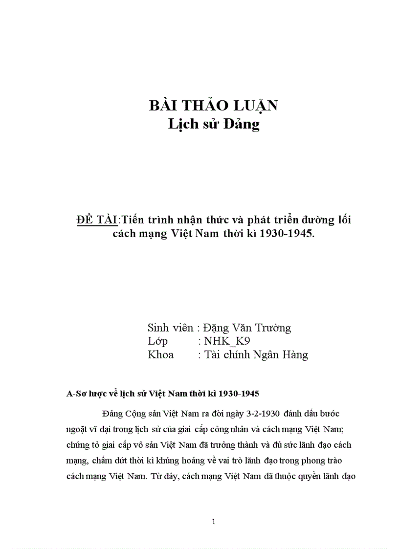 Tiến trình nhận thức và phát triển đường lối cách mạng Việt Nam thời kì 1930 1945