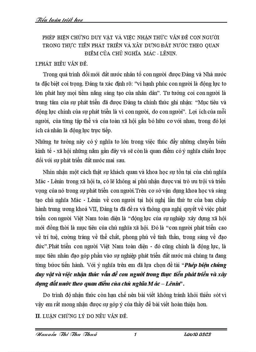 Phép biện chứng duy vật và việc nhận thức vấn đề con người trong thực tiễn phát triển và xây dưng đất nước theo quan điểm của chủ nghĩa mác lênin 1