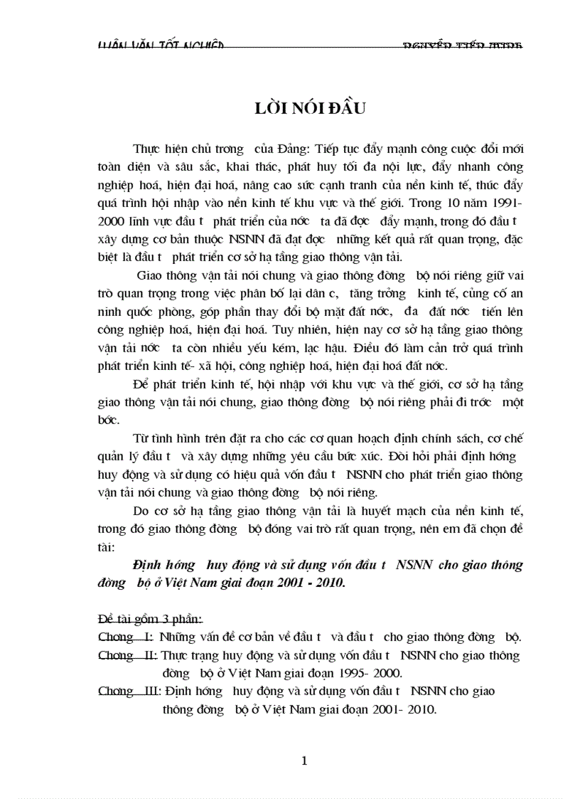 Định hướng huy động và sử dụng vốn đầu tư NSNN cho giao thông đường bộ ở Việt Nam giai đoạn 2001 2010