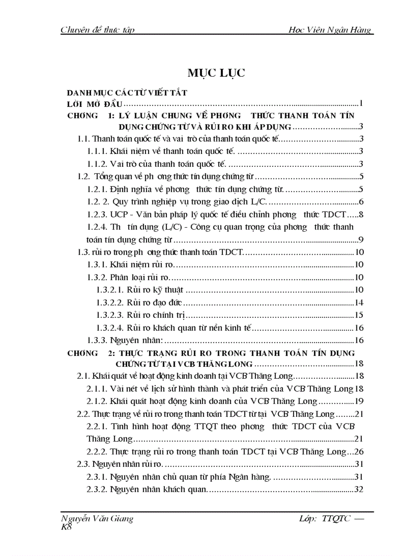 Giải pháp hạn chế rủi ro trong thanh toán quốc tế theo phương thức tín dụng chứng từ tại Ngân hàng Ngoại thương Chi nhánh Thăng L