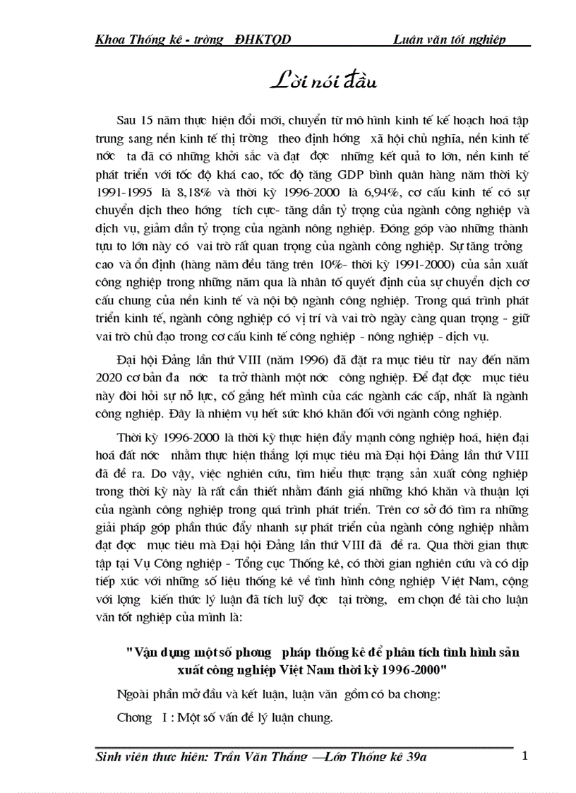 Vận dụng một số phương pháp thống kê để phân tích tình hình sản xuất công nghiệp Việt Nam thời kỳ 1996 2000