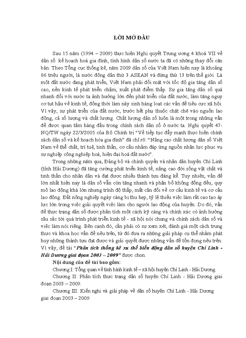 Phân tích thống kê xu thế biến động dân số huyện Chí Linh Hải Dương giai đọan 2003 2009 1