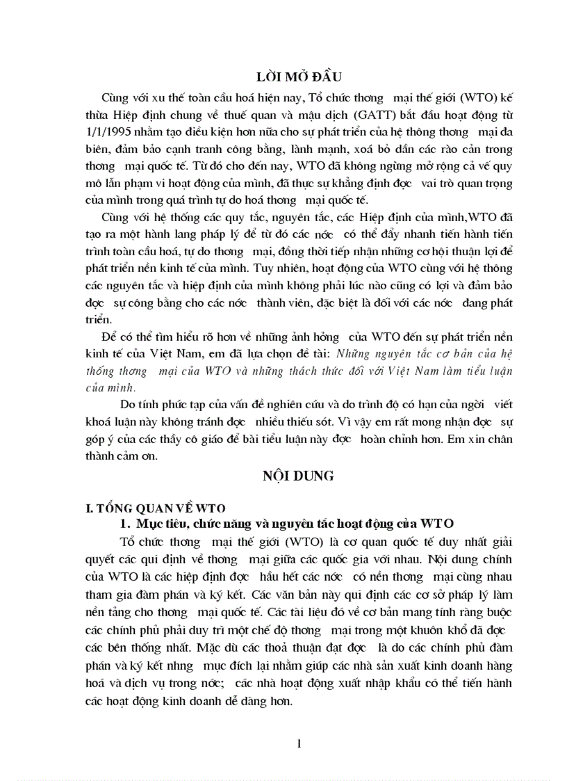 Những nguyên tắc cơ bản của hệ thống thương mại của WTO và những thách thức đối với Việt Nam