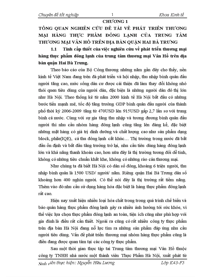 Giải pháp phát triển thương mại hàng thực phẩm đông lạnh của trung tâm thương mại Vân Hồ thuộc công ty TNHH nhà nước một thành viên Thực Phẩm Hà Nội 1