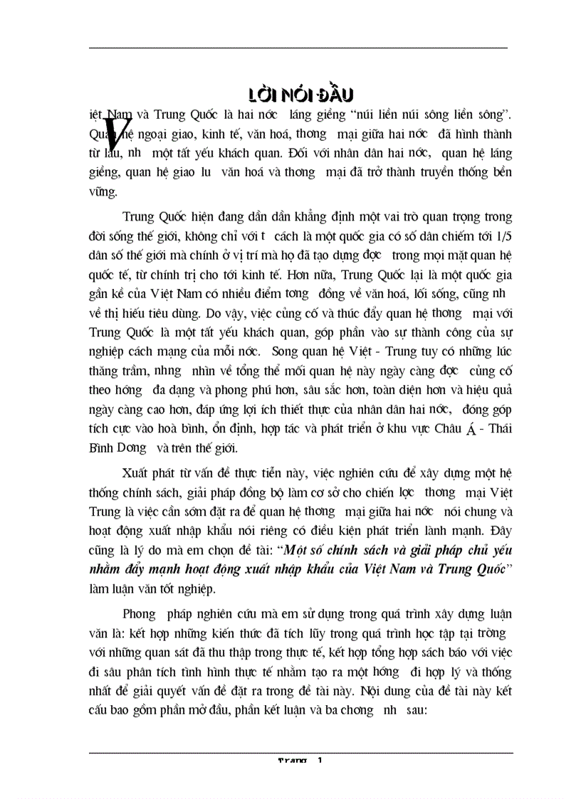 Một số chính sách và giải pháp chủ yếu nhằm đẩy mạnh hoạt động xuất nhập khẩu của Việt Nam và Trung Quốc 1