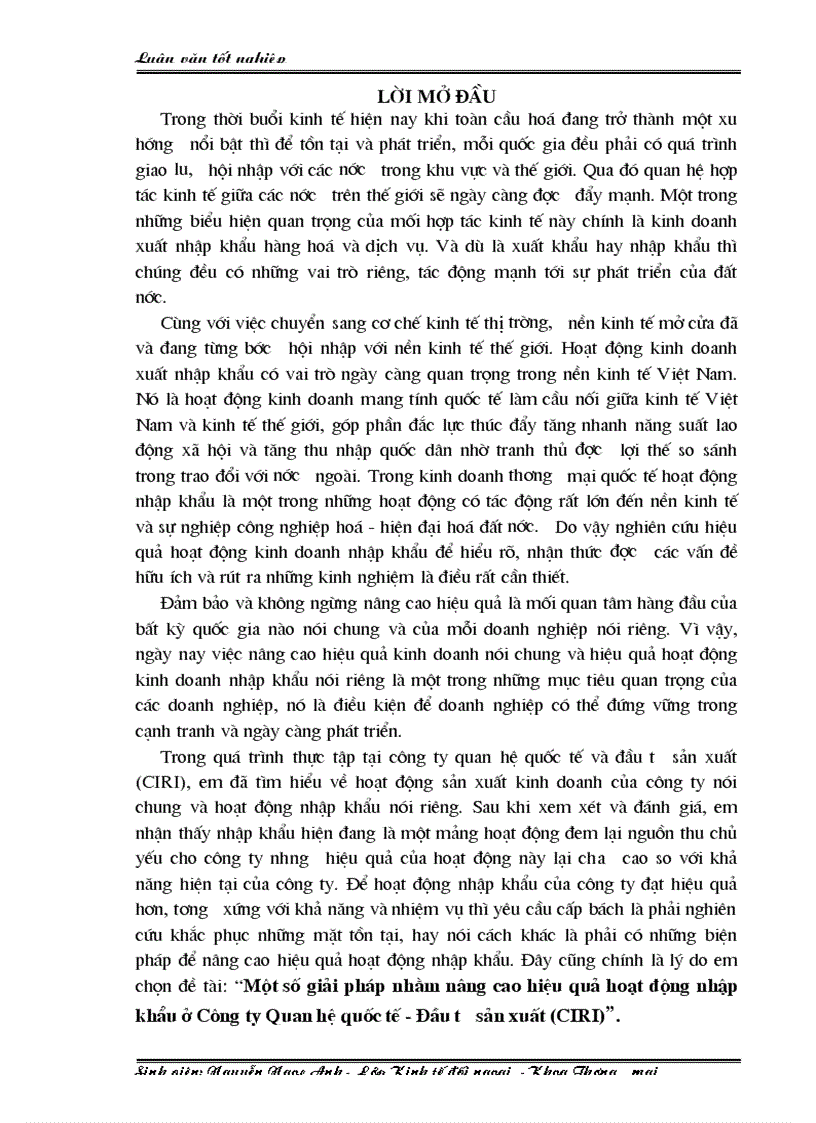 Một số giải pháp nhằm nâng cao hiệu quả hoạt động nhập khẩu ở Công ty Quan hệ quốc tế Đầu tư sản xuất CIRI 1