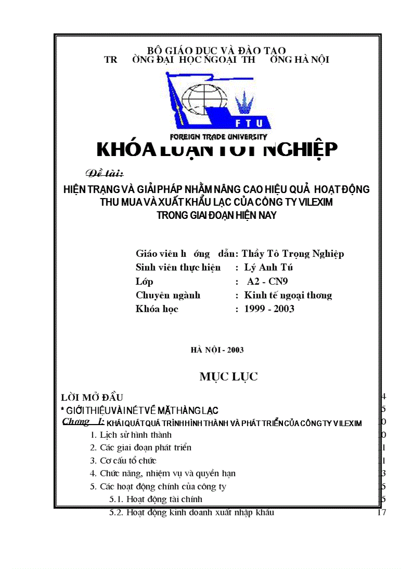 Hiện trạng và giải pháp nhằm nâng cao hiệu quả hoạt động THU MUA và xuất khẩu lạc của Công ty VIlexim trong giai đoạn hiện nay