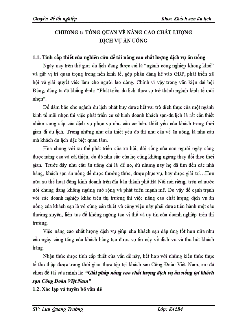 Giải pháp nâng cao chất lượng dịch vụ ăn uống tại khách sạn Công Đoàn Việt Nam 1