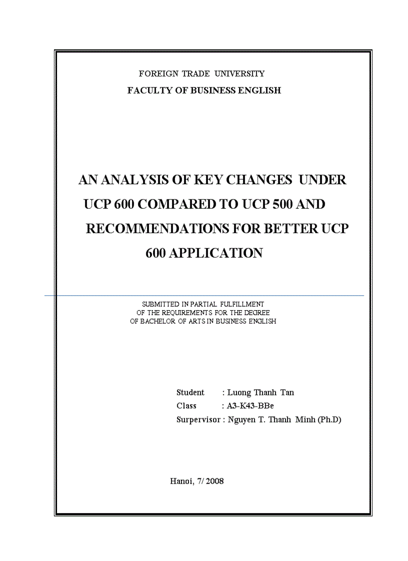 An analysis of key changes in UCP 600 compared to UCP 500 and Recommendations for better application