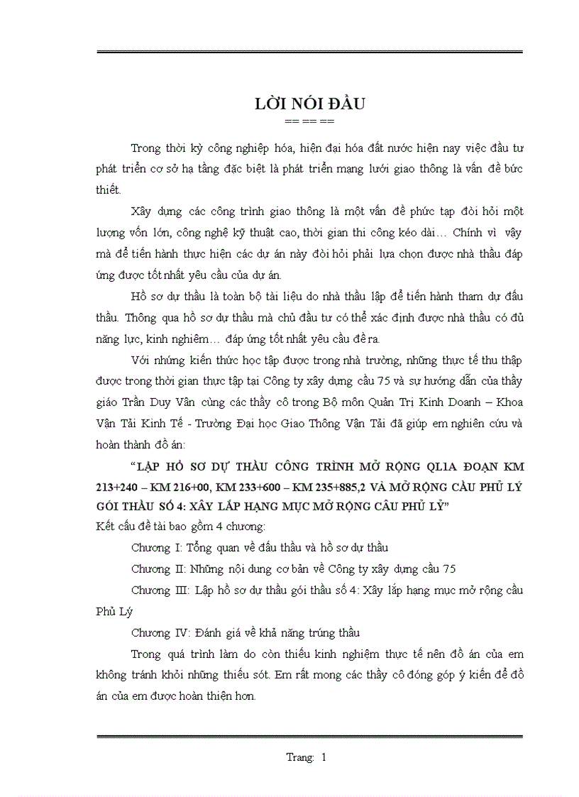 Lập hồ sơ dự thầu công trình mở rộng ql1a đoạn km 213 240 km 216 00 km 233 600 km 235 885 2 và mở rộng cầu phủ lý gói thầu số 4 xây lắp hạng mục mở rộng câu phủ lỷ