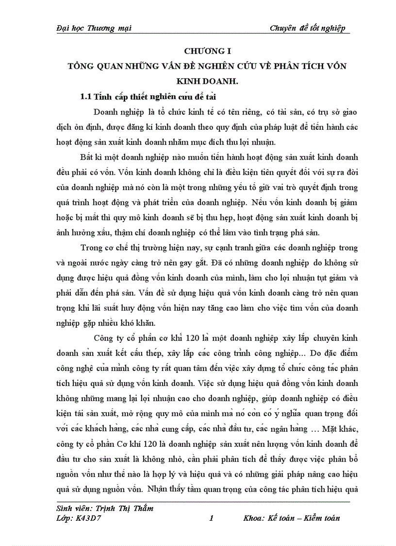 Phân tích hiệu quả sử dụng vốn kinh doanh tại công ty cổ phần Cơ khí 120 1