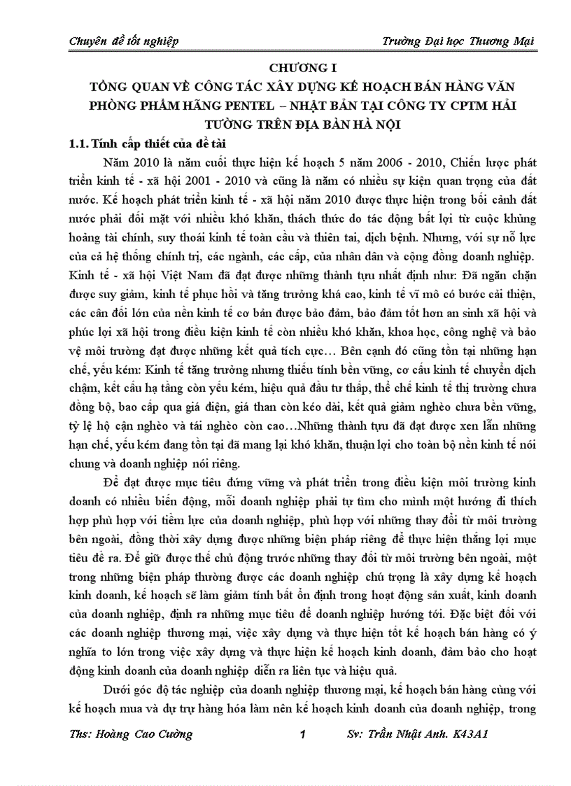 Hoàn thiện công tác xây dựng kế hoạch bán hàng văn phòng phẩm hãng Pentel Nhật Bản tại công ty CPTM Hải Tường Trên địa bàn Hà Nội 1