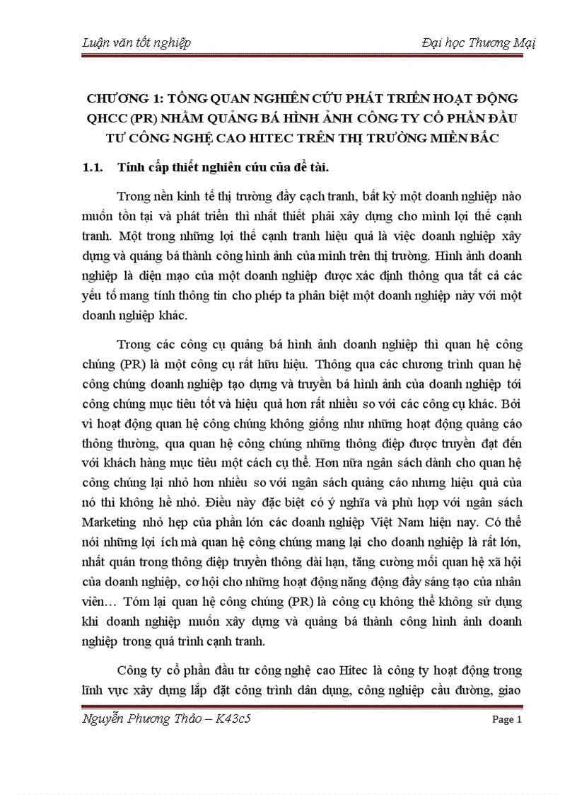Phát triển hoạt động qhcc pr nhằm quảng bá hình ảnh công ty cổ phần đầu tư công nghệ cao hitec trên thị trường miền bắc