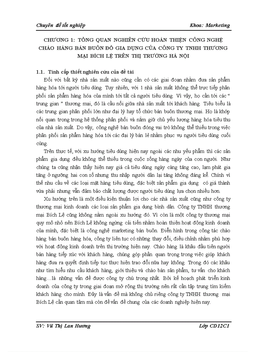 Hoàn thiện công nghệ chào hàng bán buôn đồ gia dụng của công ty TNHH thương mại Bích Lệ trên thị trường Hà Nội 1
