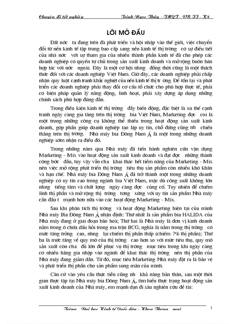 Một vài giải pháp nhằm đẩy mạnh việc ứng dụng Marketing Mix vào hoạt động phát triển thị trường tiêu thụ sản phẩm HALIDA của Nhà máy bia Đông Nam á