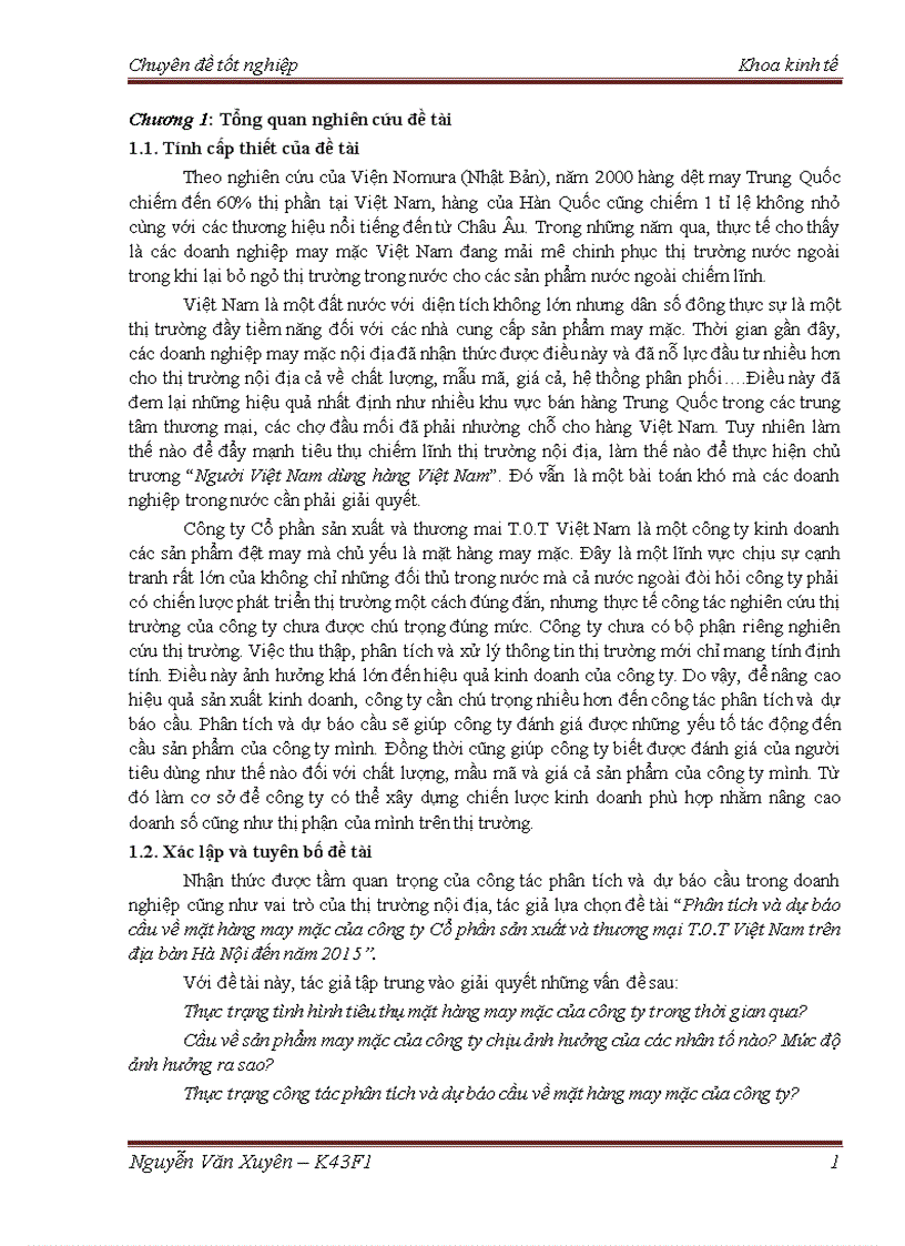 Phân tích và dự báo cầu về mặt hàng may mặc của công ty Cổ phần sản xuất và thương mại T 0 T Việt Nam trên địa bàn Hà Nội đến năm 2015
