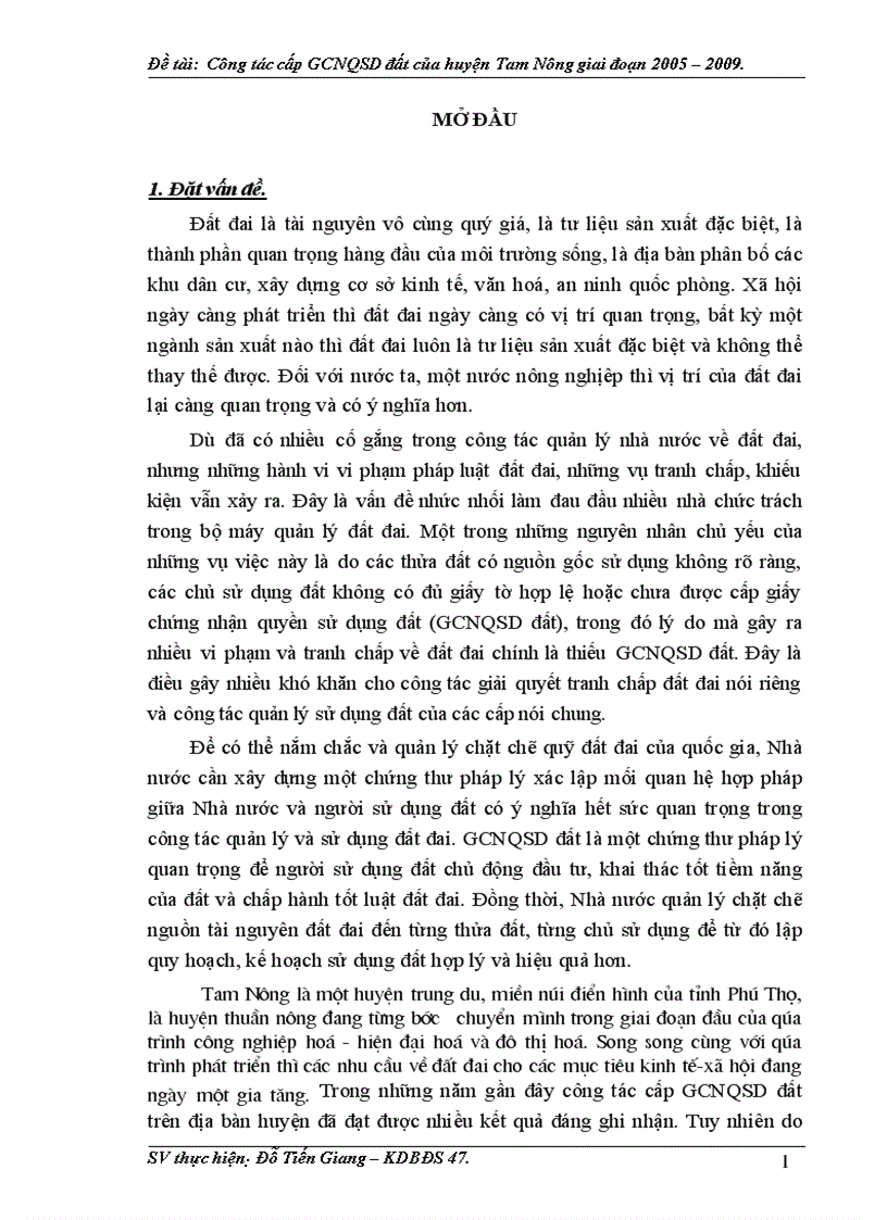 Công tác cấp giấy chứng nhận quyền sử dụng đất của huyện Tam Nông tỉnh Phú Thọ giai đoạn 2005 2009