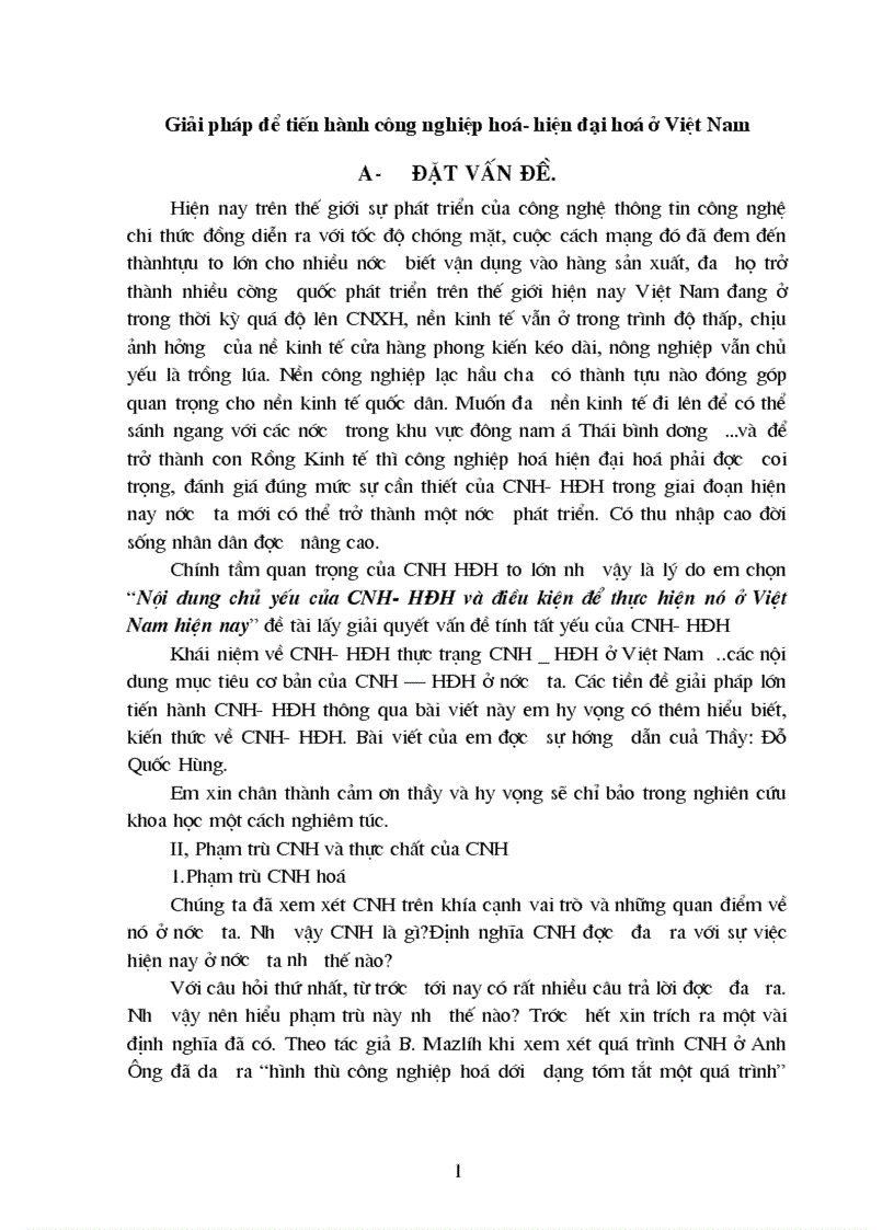 Nội dung chủ yếu của CNH HĐH và điều kiện để thực hiện nó ở Việt Nam hiện nay