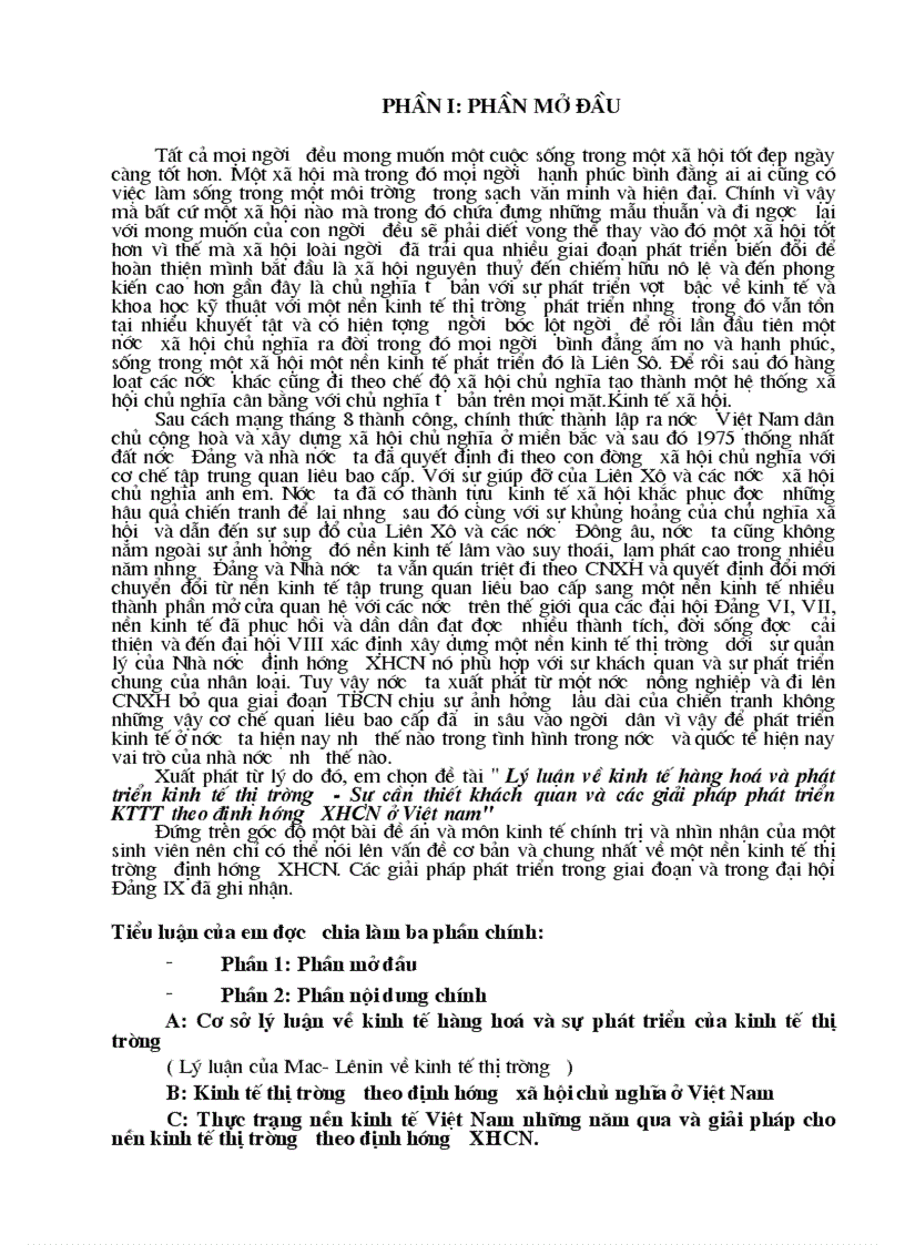 Lý luận về kinh tế hàng hoá và phát triển kinh tế thị trường Sự cần thiết khách quan và các giải pháp phát triển KTTT theo định hướng XHCN ở Việt nam