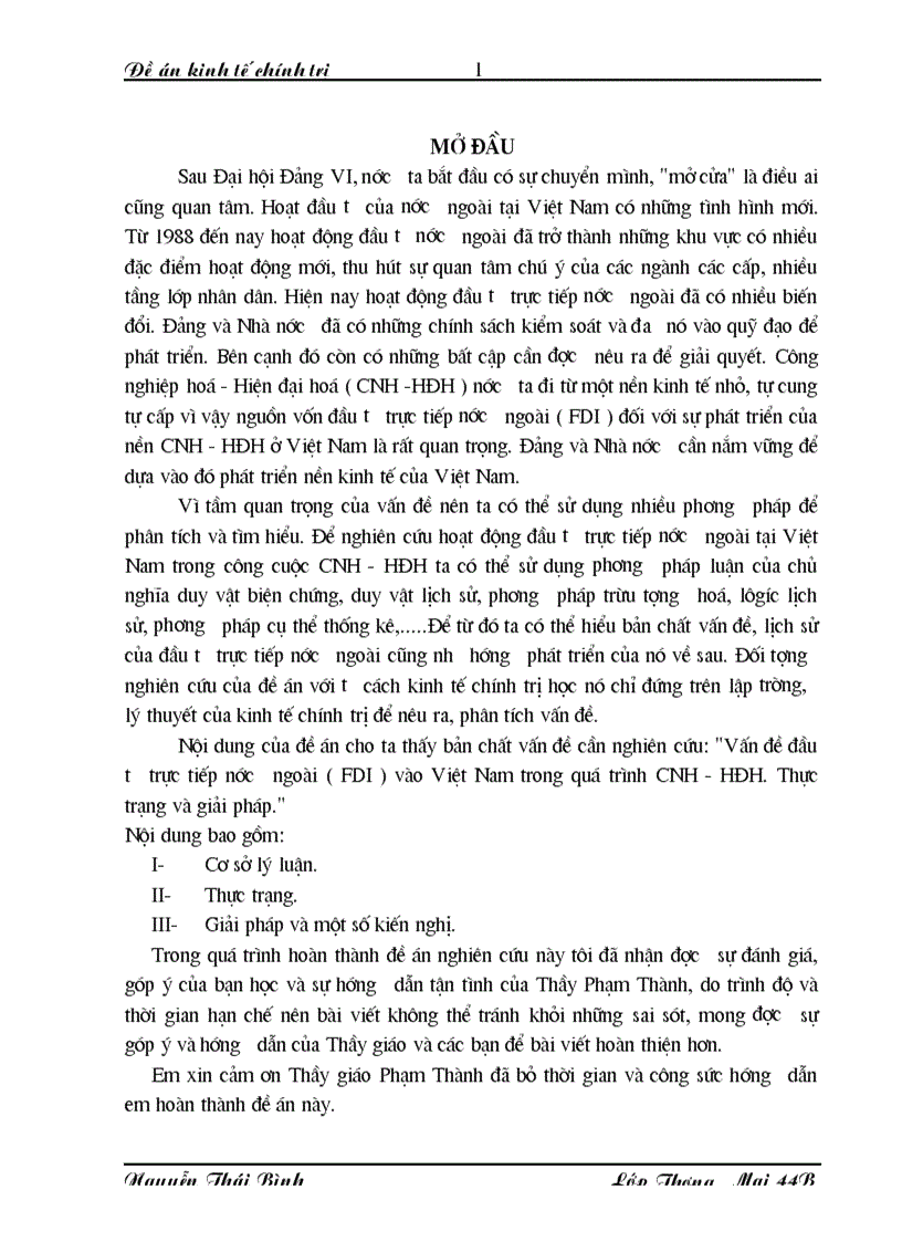 Vấn đề đầu tư trực tiếp nước ngoài FDI vào Việt Nam trong quá trình CNH HĐH Thực trạng và giải pháp