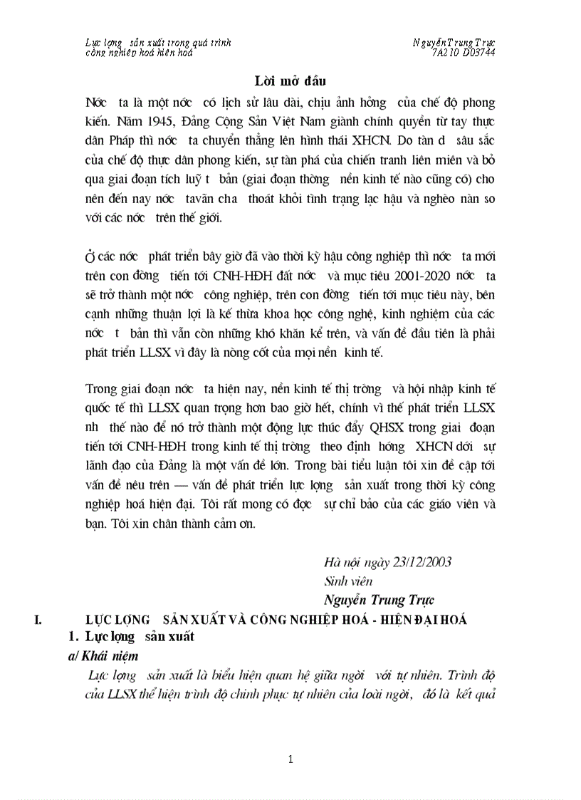 Lực lượng sản xuất trong quá trinh công nghiệp hoá hiện đại hoá