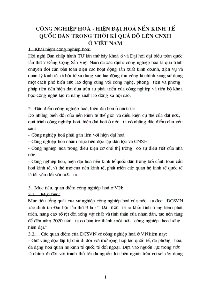 Công nghiệp hoá hiện đại hoá nền kinh tế quốc dân trong thời kì quá độ lên CNXH ở Việt Nam 1